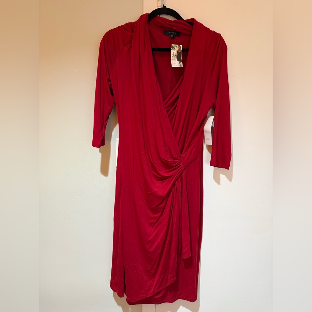 Karen Kane Red Ruched Wrap Dress 3/4 Sleeve - Picture 1 of 7